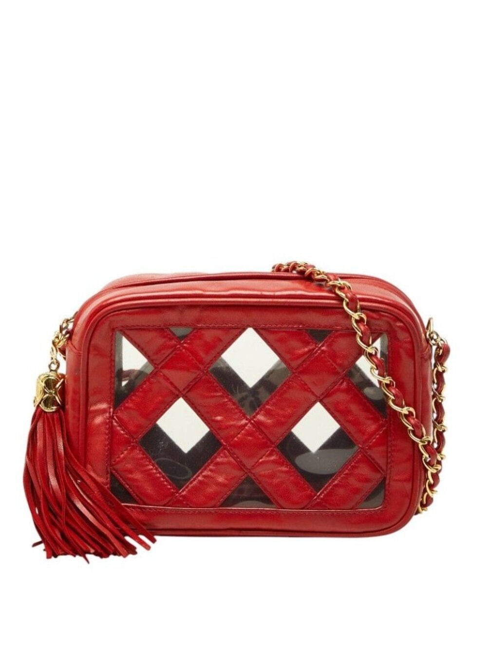 Chanel CC Logo Chain Shoulder Bag Tassel Red Lambskin Vinyl